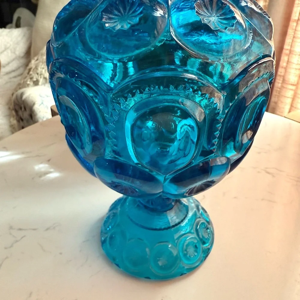 Vintage LE Smith Moon & Stars Blue Glass Candy Dish Compote with Lid - Picture 7 of 7